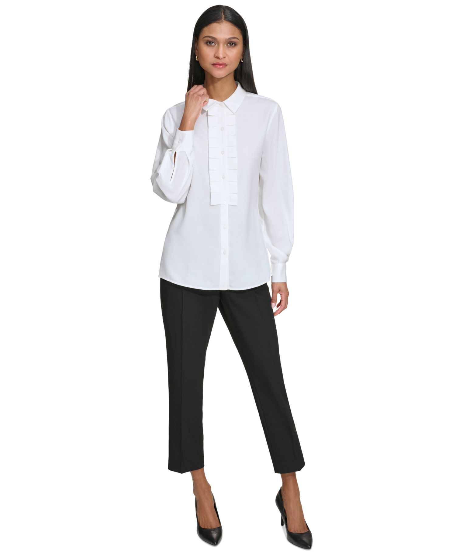 Karl Lagerfeld Petite Collared Pleat-Front Long-Sleeve Top