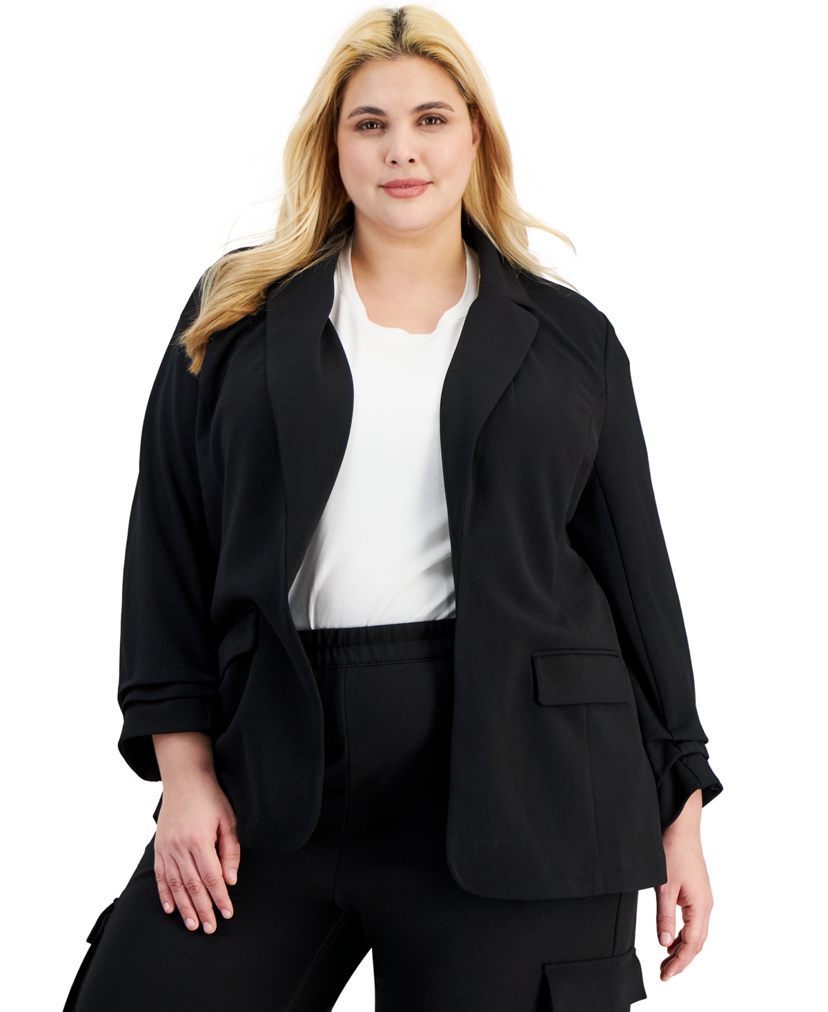 Trendy Plus Size Notch-Collar Ruched-Sleeve Blazer, Created for Macy's - Deep Black