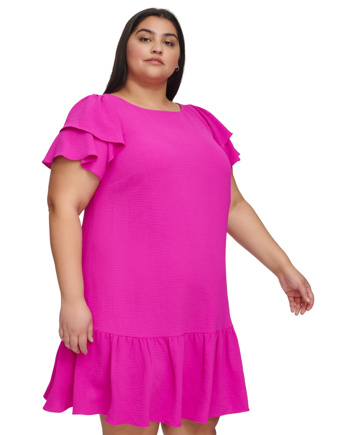 Shop Dkny Plus Size Ruffle Flutter-sleeve Boat-neck Dress In Power Pink
