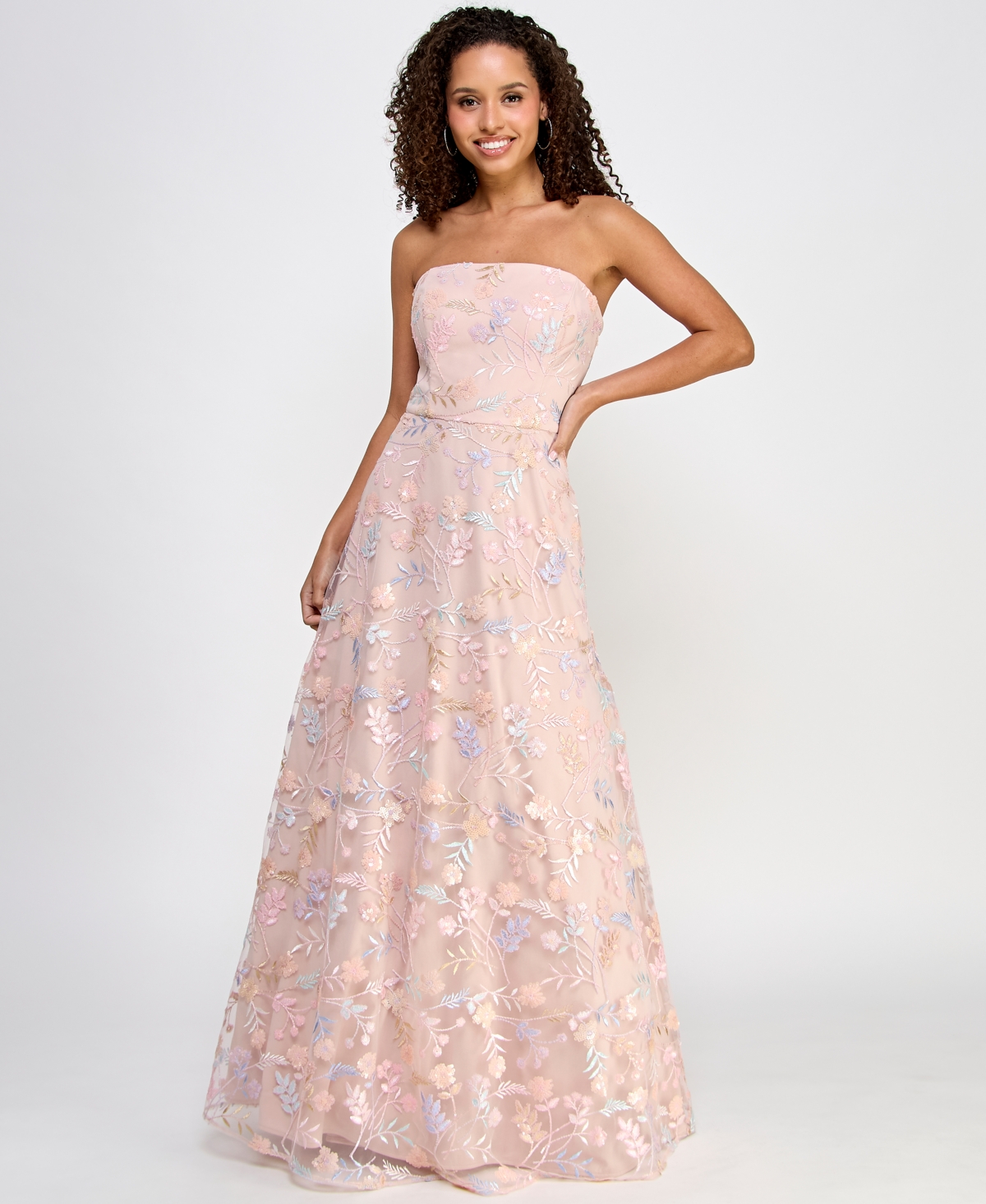 Juniors' Strapless All Over Embroidery and Sequin Gown - Mauve/Nude