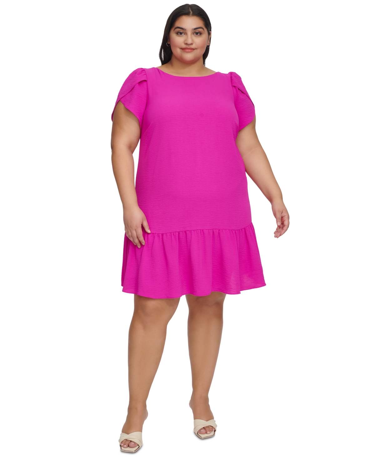 Plus Size Tulip-Sleeve Ruffled-Hem Shift Dress - Power Pink