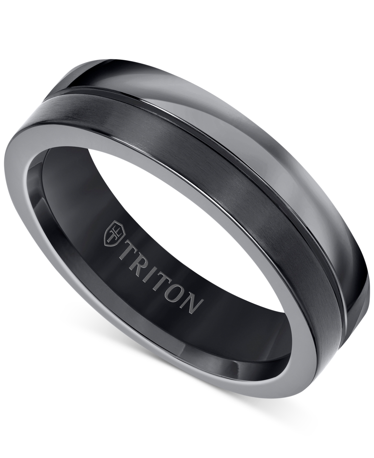 Shop Triton Men's Two-tone Textured Insert Wedding Band In Titanium In Black