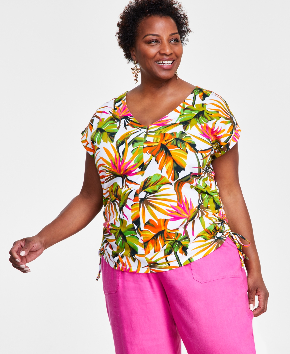 Plus Size Cotton Side-Tie Top, Created for Macy's - Tropical Garden