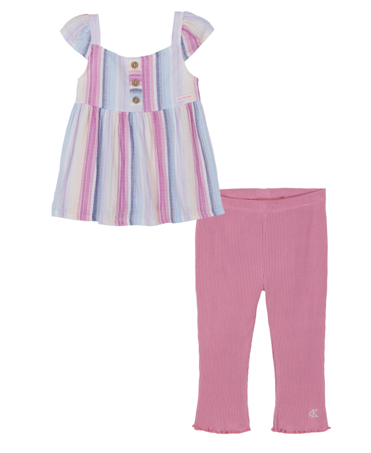 Shop Calvin Klein Toddler Girls Woven Striped Empire Tunic And Ribbed Capri Leggings, 2 Piece Set In Multi