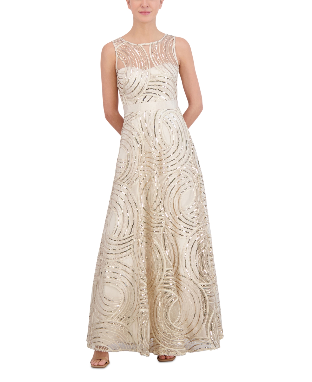 Shop Eliza J Petite Illusion-yoke Sleeveless Gown In Champagne