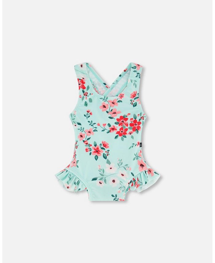 Baby Girl One Piece Swimsuit Light Blue Flower Print Infant