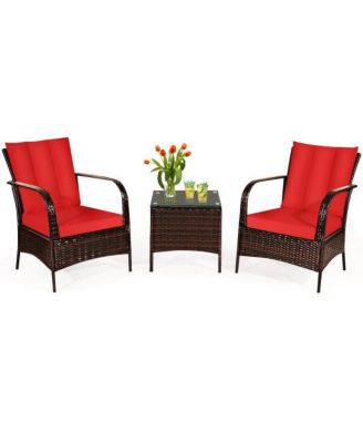 3 Pcs Patio Conversation Rattan Furniture Set with Glass Top Coffee Table and Cushions
