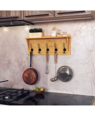 Rustic Wall-Mounted Coat Rack Shelf, 24" Solid Pine Wood with Hooks, Country Style for Entryway, Kitchen & Bathroom