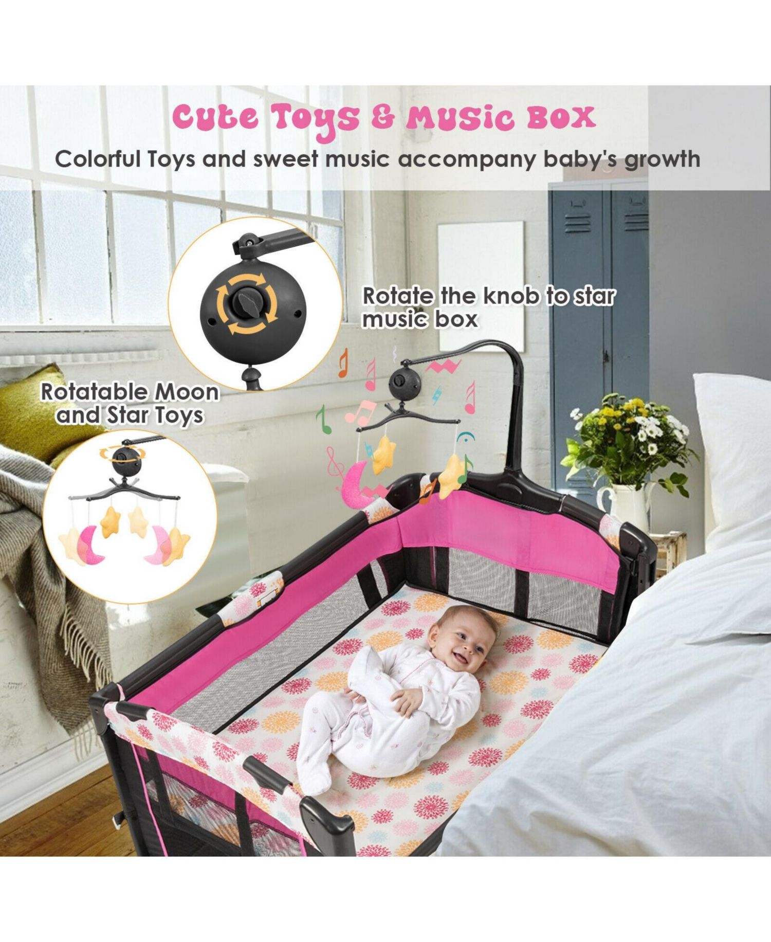 3-in-1 Convertible Portable Baby Playard with Music Box and Wheel and Brakes