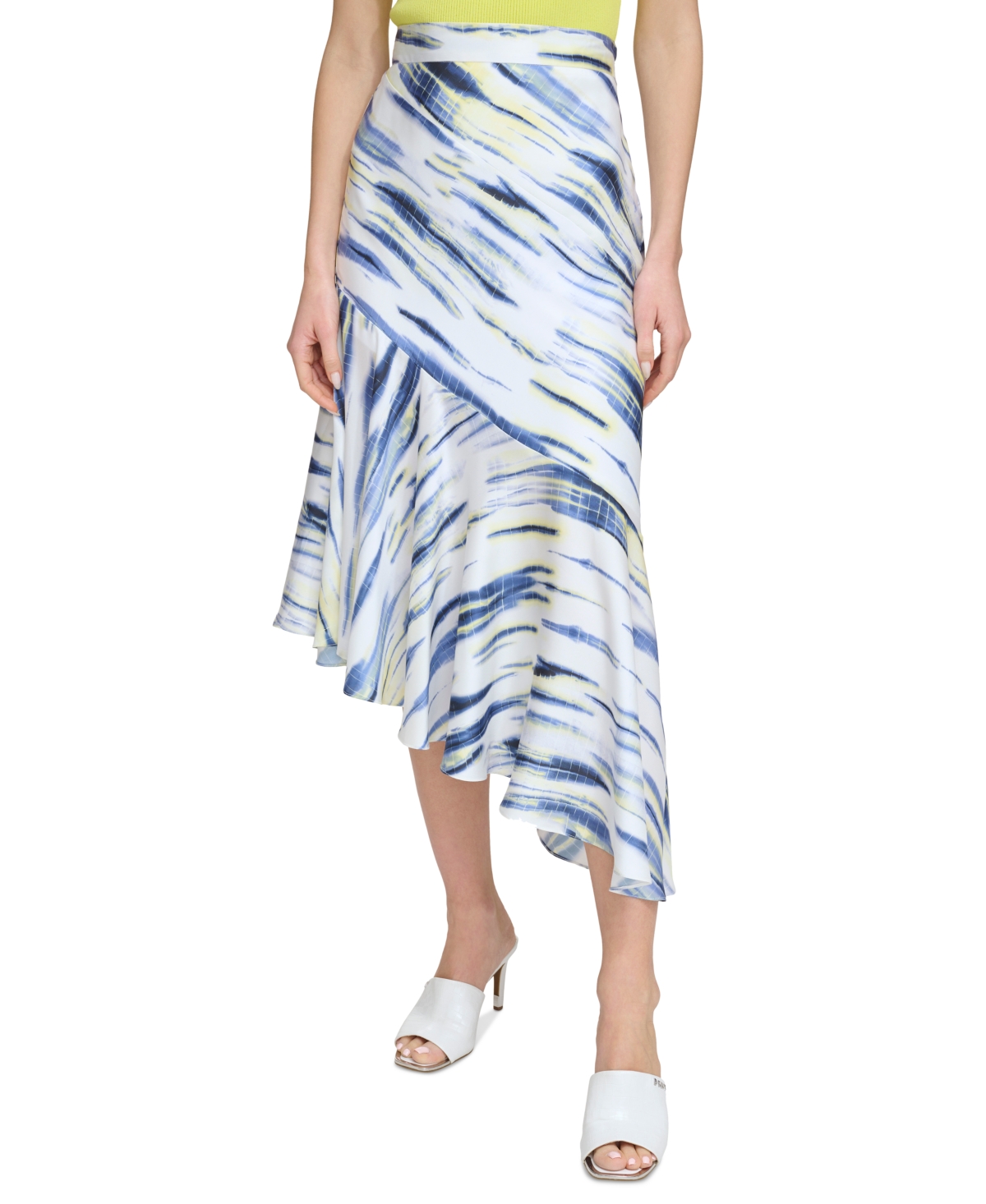 Shop Dkny Women's Printed Asymmetrical Midi Skirt In White,inky Blue Multi