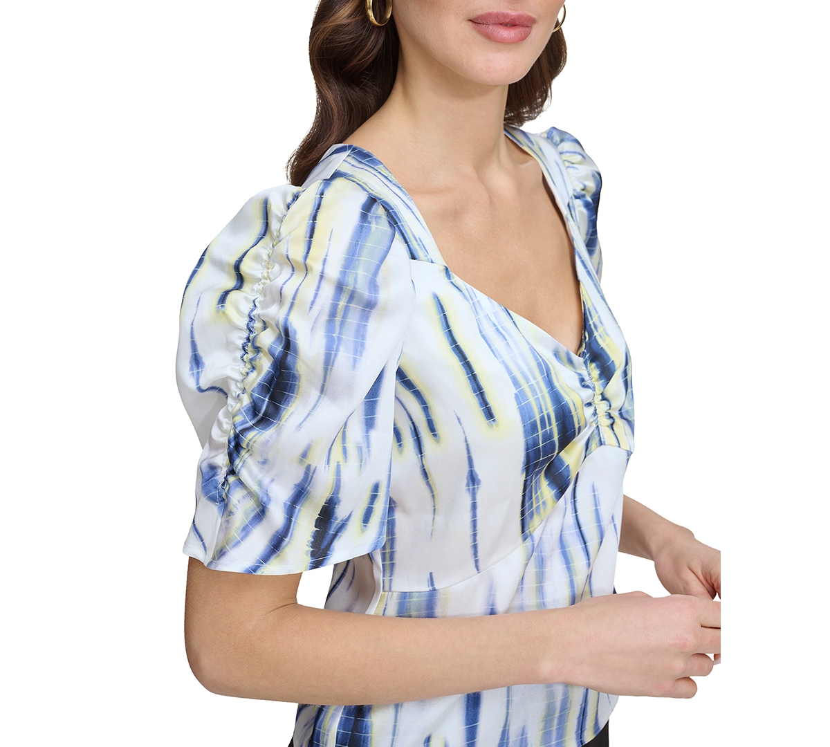 Shop Dkny Women's Printed Puff-sleeve Blouse In White,inky Blue Multi