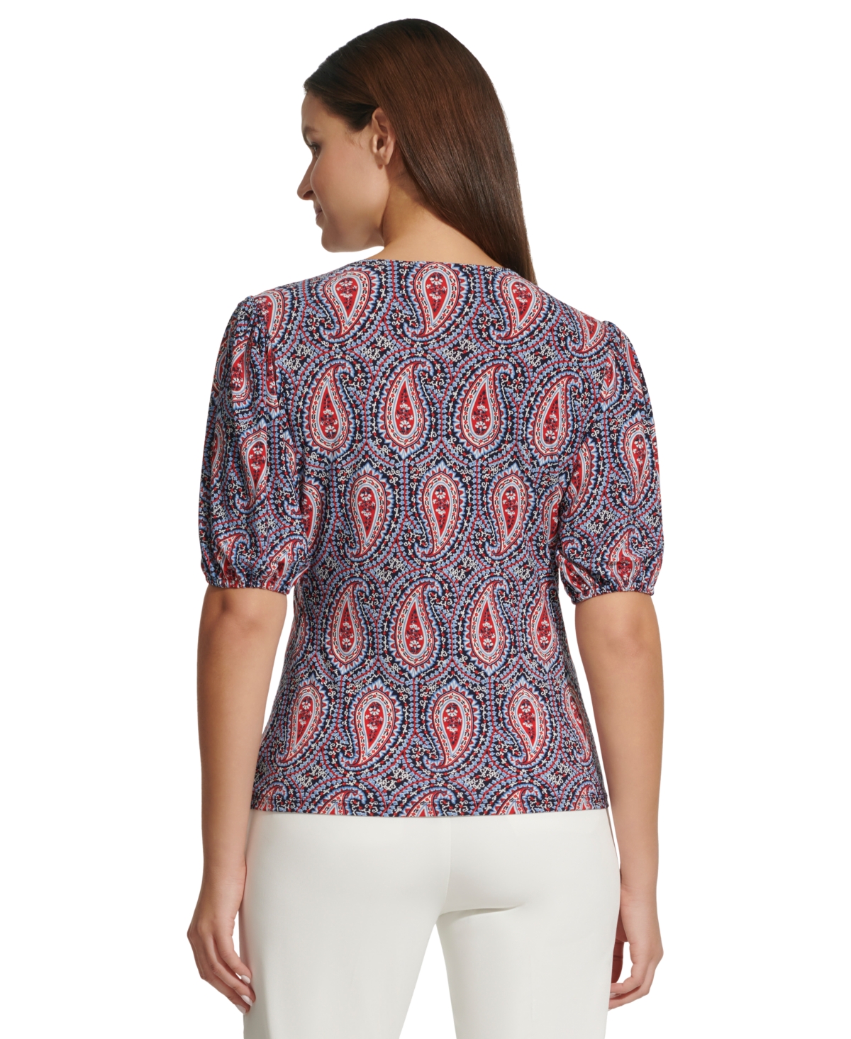 Shop Tommy Hilfiger Women's Smocked Paisley-print Top In Midnight,risk Red