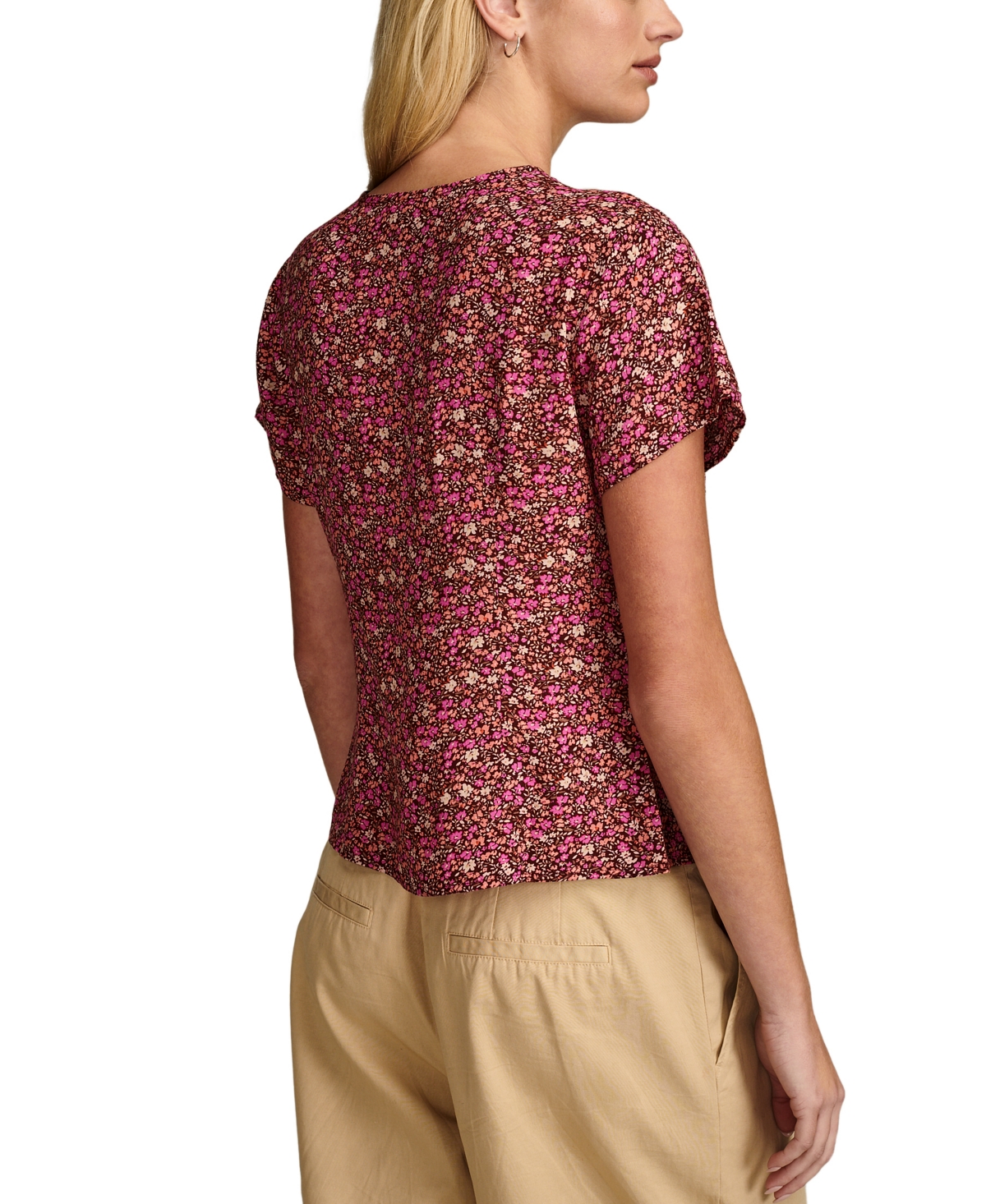 Shop Lucky Brand Women's Floral-print Short-sleeve V-neck Blouse In Rum Raisin