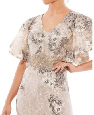 Women's Bell Sleeve Floral Embellished Gown