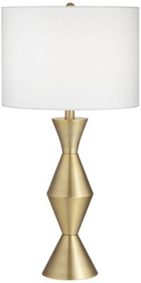 Elka Modern Mid Century Table Lamp 28" Tall Brass Geometric Metal White Drum Shade for Bedroom Living Room Bedside Nightstand Office Home