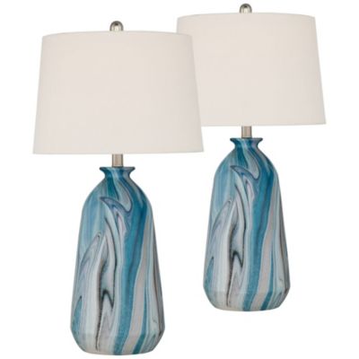 Carlton Modern Coastal Table Lamps 28" Tall Set of 2 Swirling Blue Faux Marble White Tapered Drum Shade for Bedroom Living Room Bedside