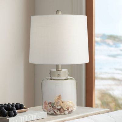 Canister Coastal Accent Table Lamp 20 1/2" High Clear Glass Fillable Sea Shells Off White Linen Drum Shade for Bedroom Living Room Kids