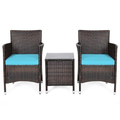 3 Piece Outdoor Wicker Bistro Set with 2 Cushioned Chairs and Coffee Table