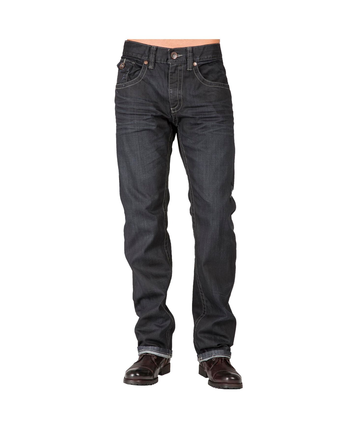 Мужские джинсы Level 7 Relaxed Straight Leg Premium Denim Jeans Black Coated Throwback Style Zipper Trim Pockets, цвет: Синий — фото 1