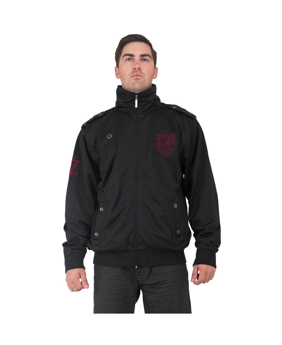 Men's Black Poly Burgundy Embroidery Patches Performance Track Jacket - Black