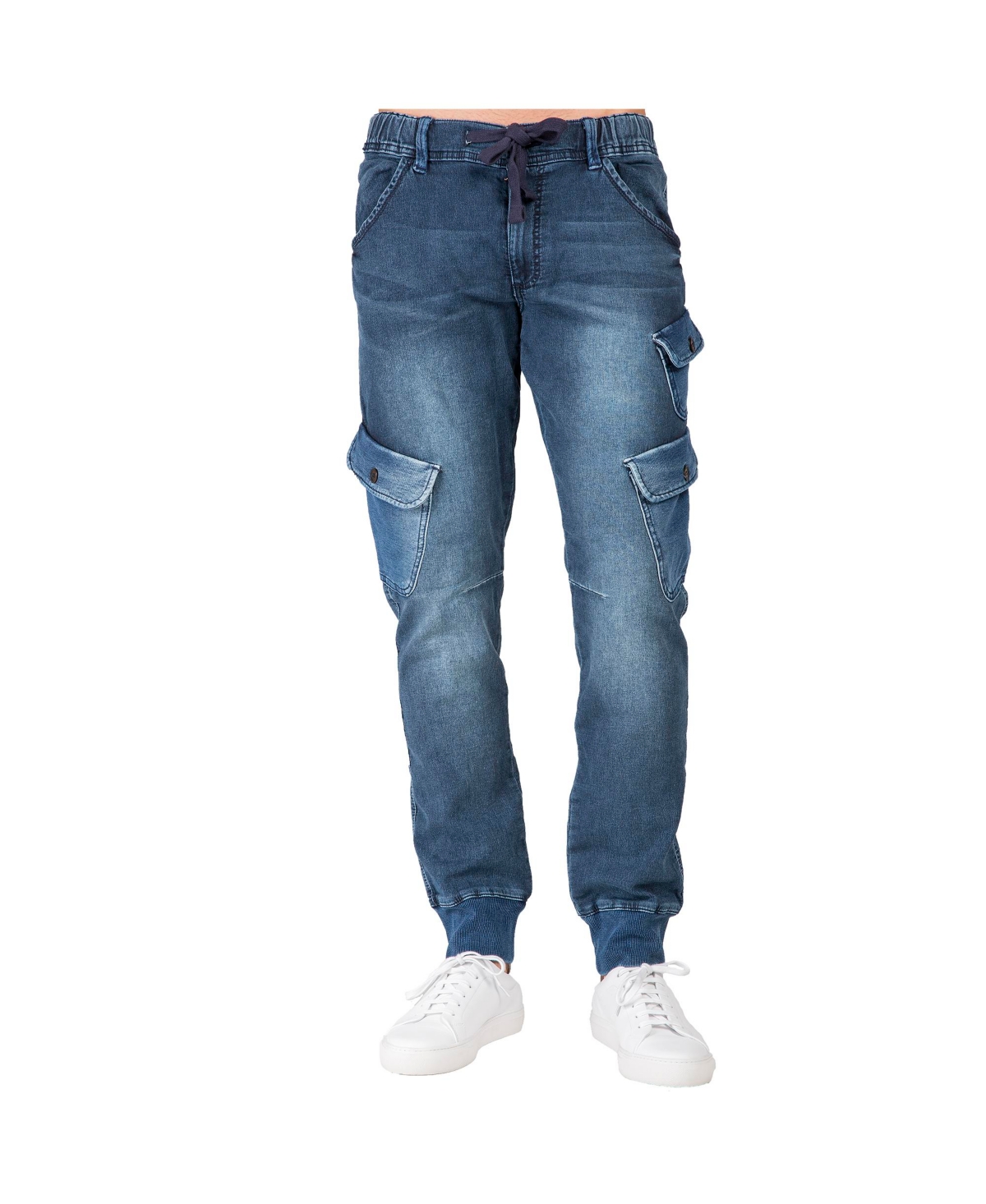 Men's Premium Knit Denim Jogger Jeans with Cargo Pockets - Ocean blue