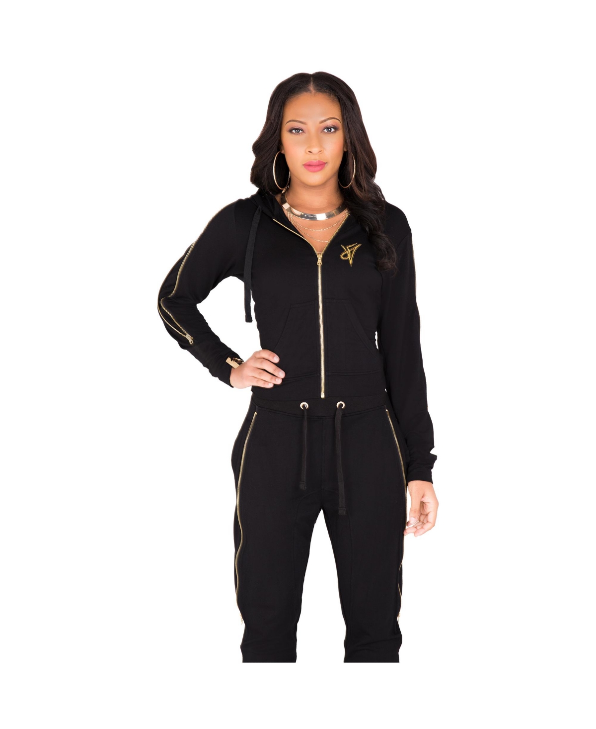 Women's Curvy Fit French Terry Gold Zip Cut-Out Wrap Tie Hoodie - Black