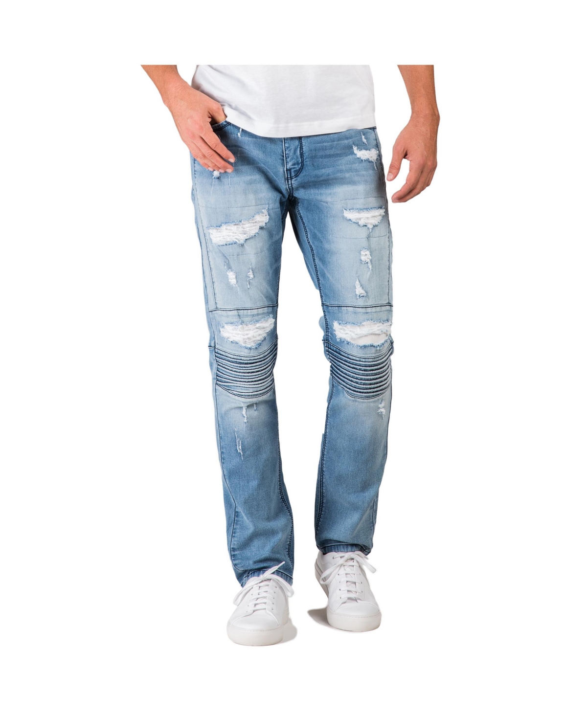 Men's Slim Tapered Premium Stretch Denim Moto Jeans - Light blue