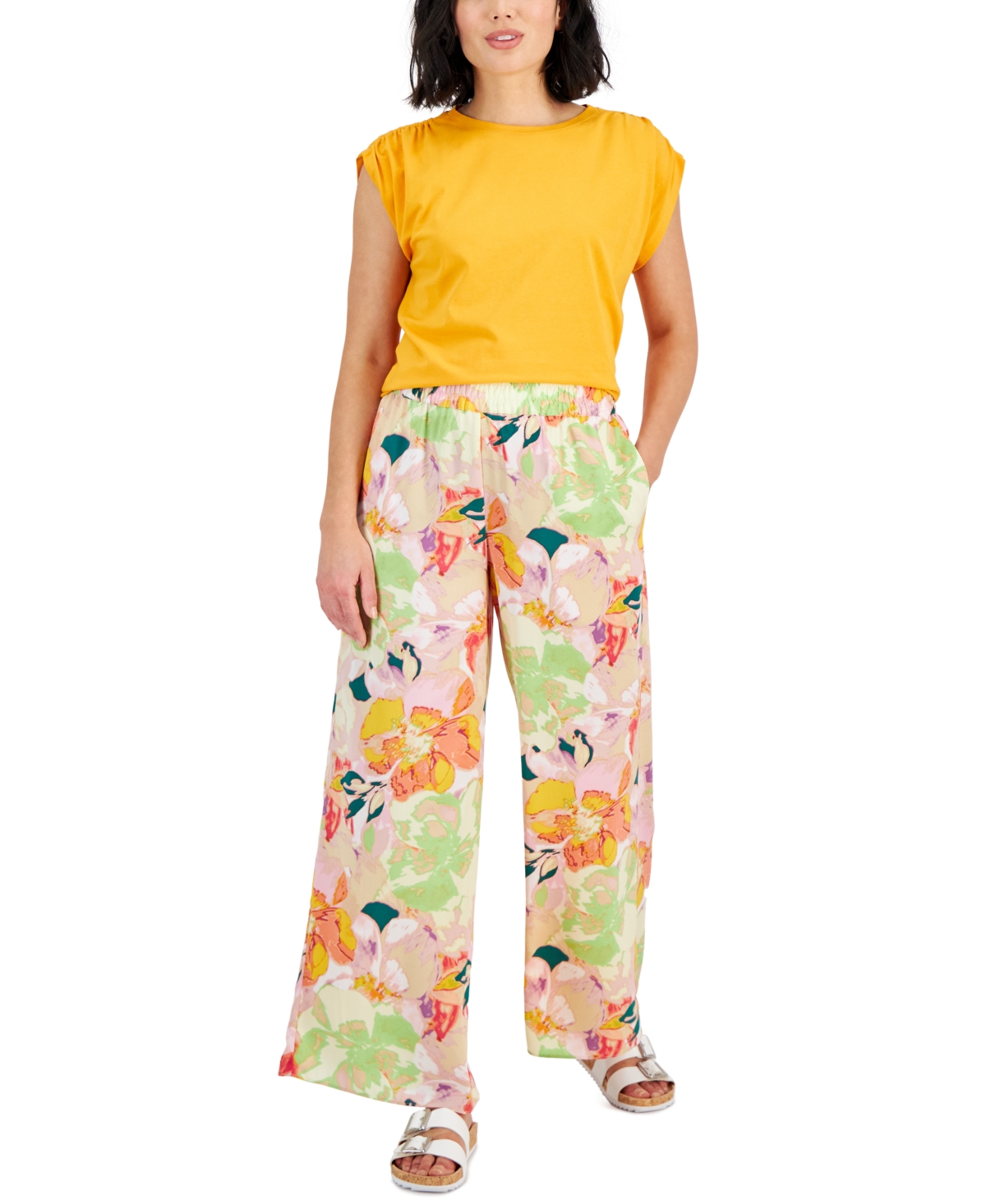 Petite Floral Smocked-Waist Wide-Leg Pull-On Pants, Created for Macy's - Alexa Floral