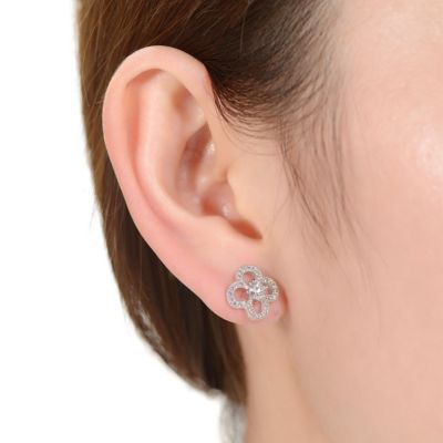 Elegant White Gold Plated with Clear Cubic Zirconia Flower Shaped Stud Earrings