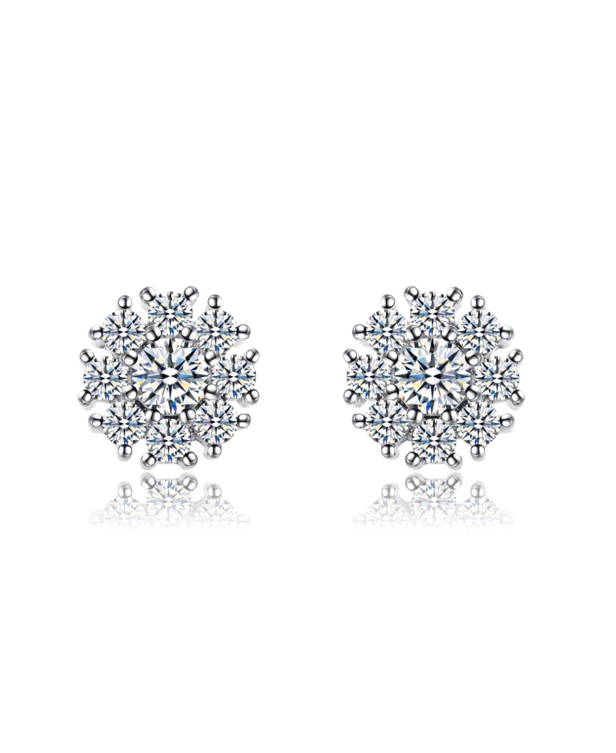 White Gold Plated with Cubic Zirconia Snowflake Cluster Stud Earrings - Silver