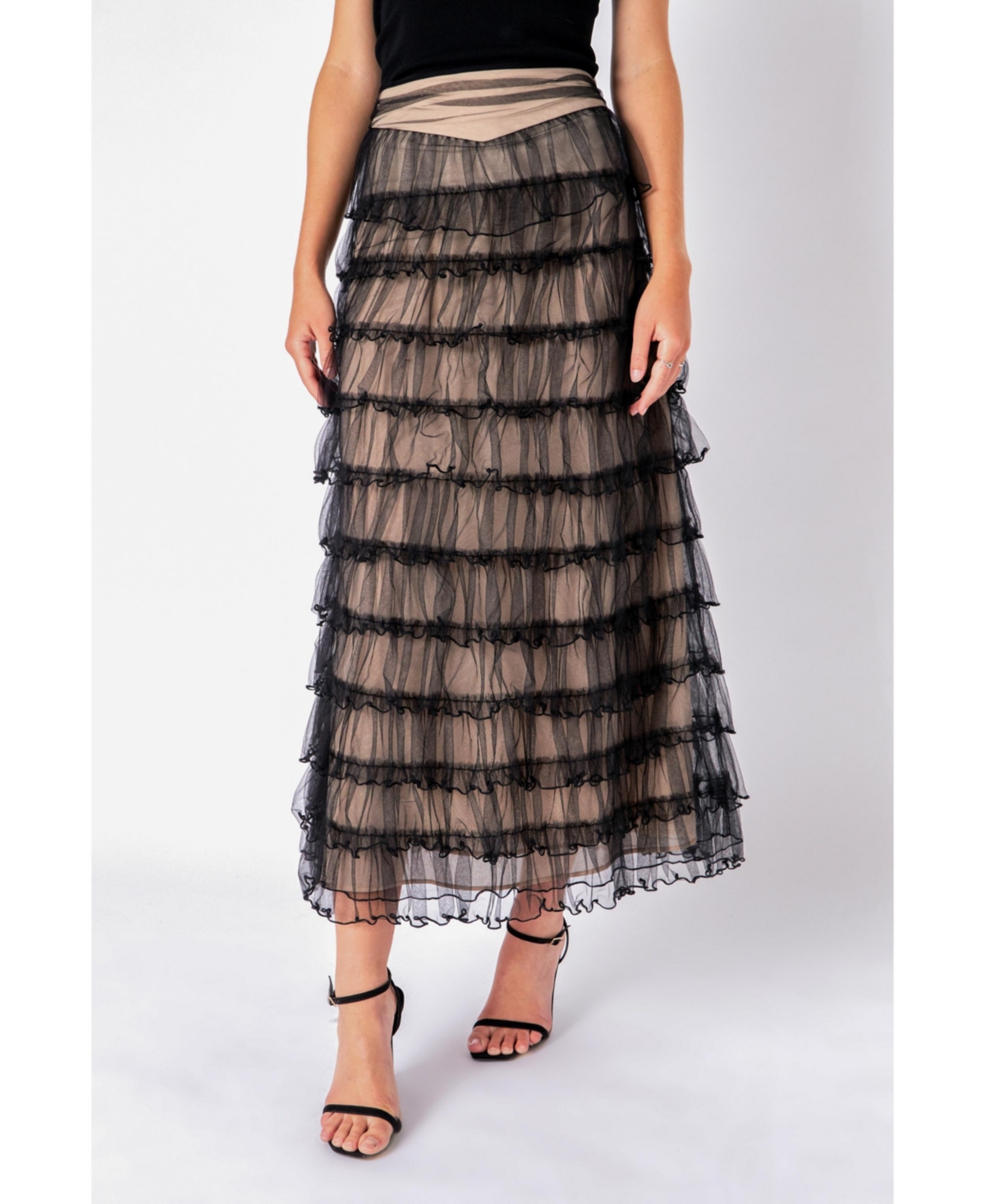 Women's Layered Tulle Midi Skirt - Black/nude