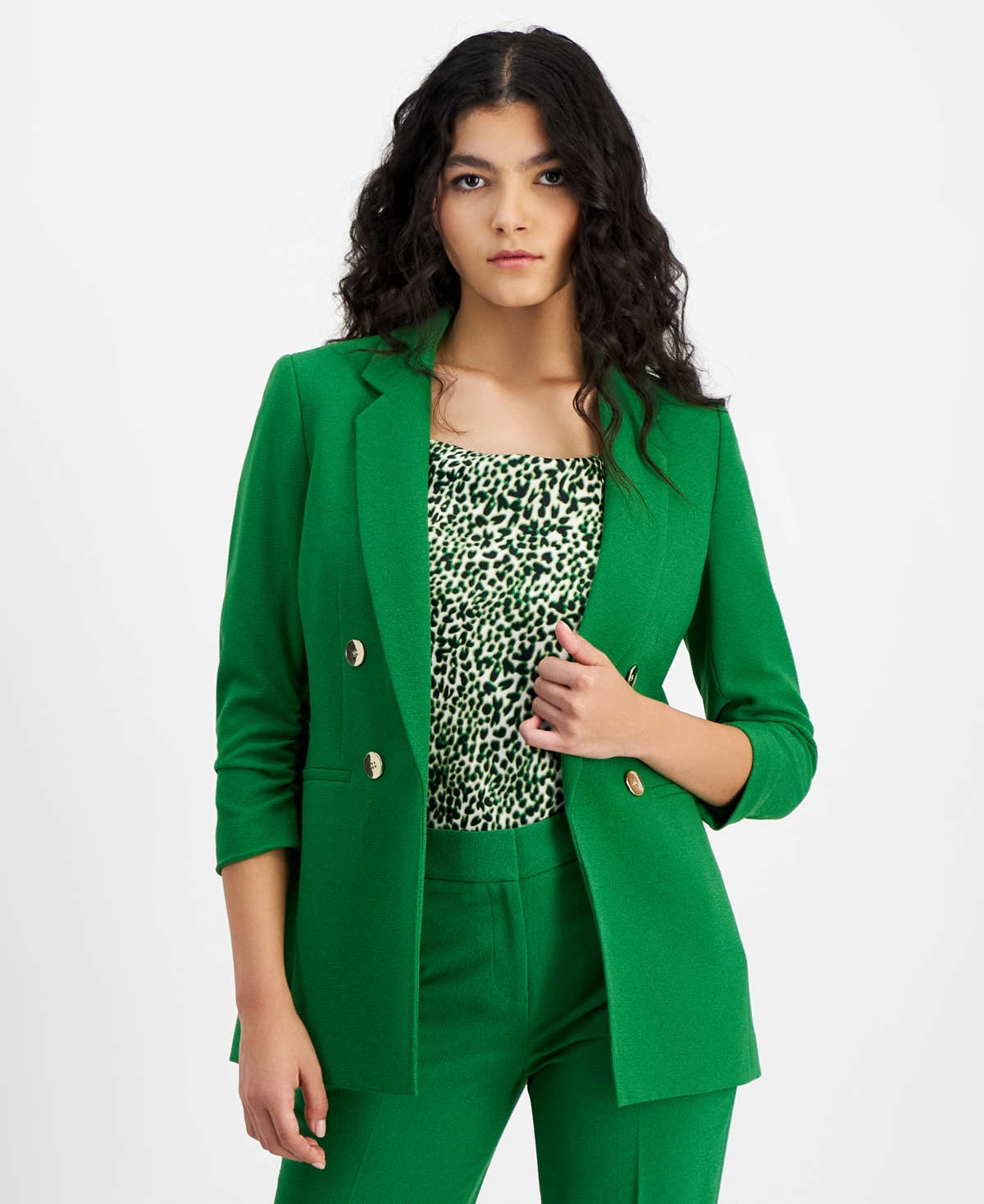 Women's Faux Double-Breasted Ruched-Sleeve Blazer, Created for Macy's - Green Chili