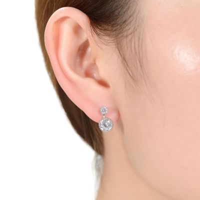 White Gold Plated with Cubic Zirconia Two-Stone Milgrain Dangle Drop Earrings