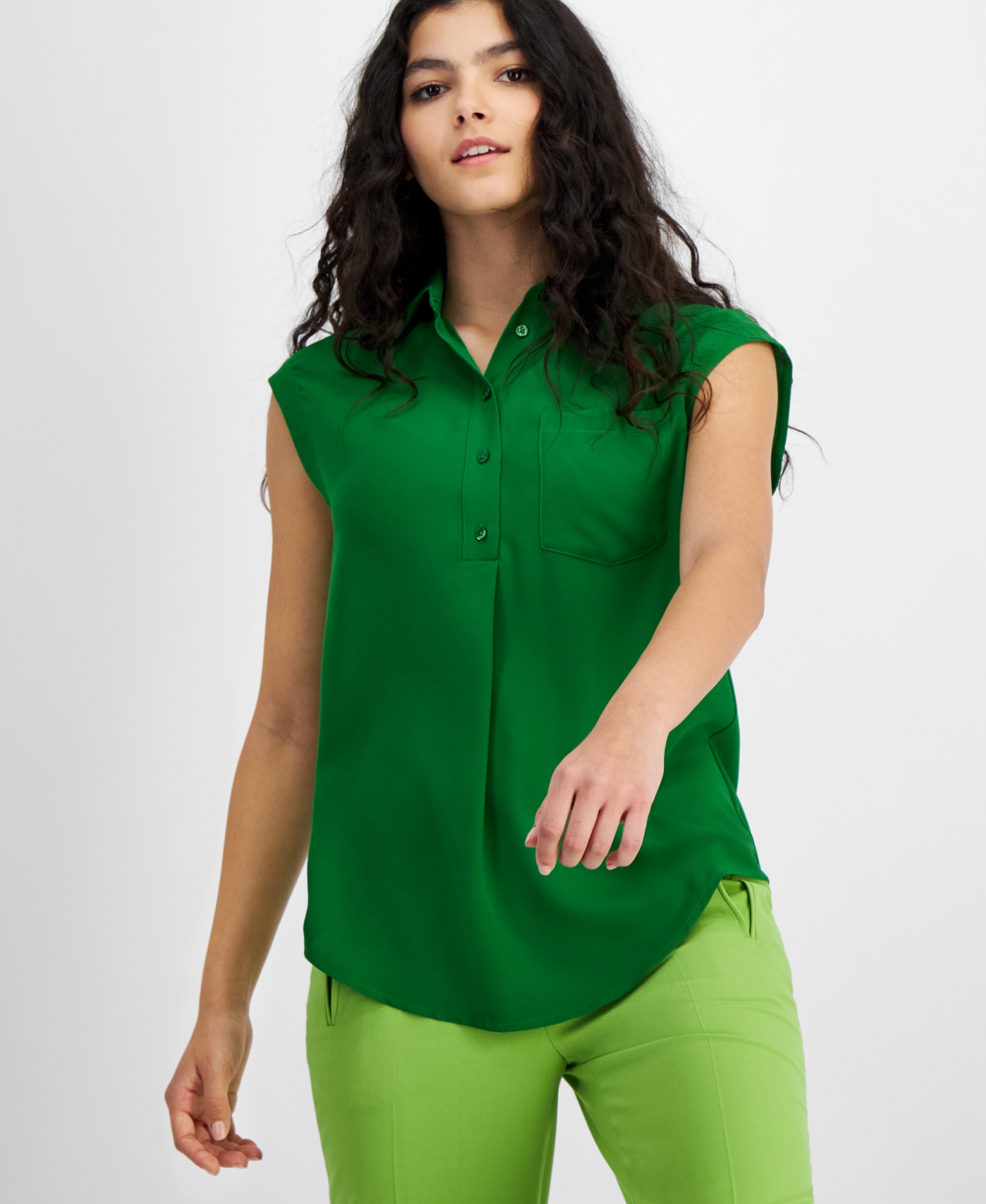 Bar Iii Women's Button-front Cap-sleeve Popover Top, Created For Macy's In Green Chili