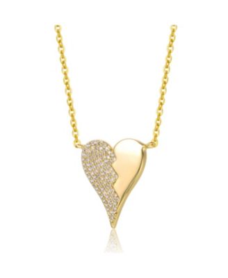 GiGiGirl Teens Sterling Silver 14k Yellow Gold Plated with Cubic Zirconia Broken Cracked Zig-Zag Half & Half Stolen Heart Pendant Necklace