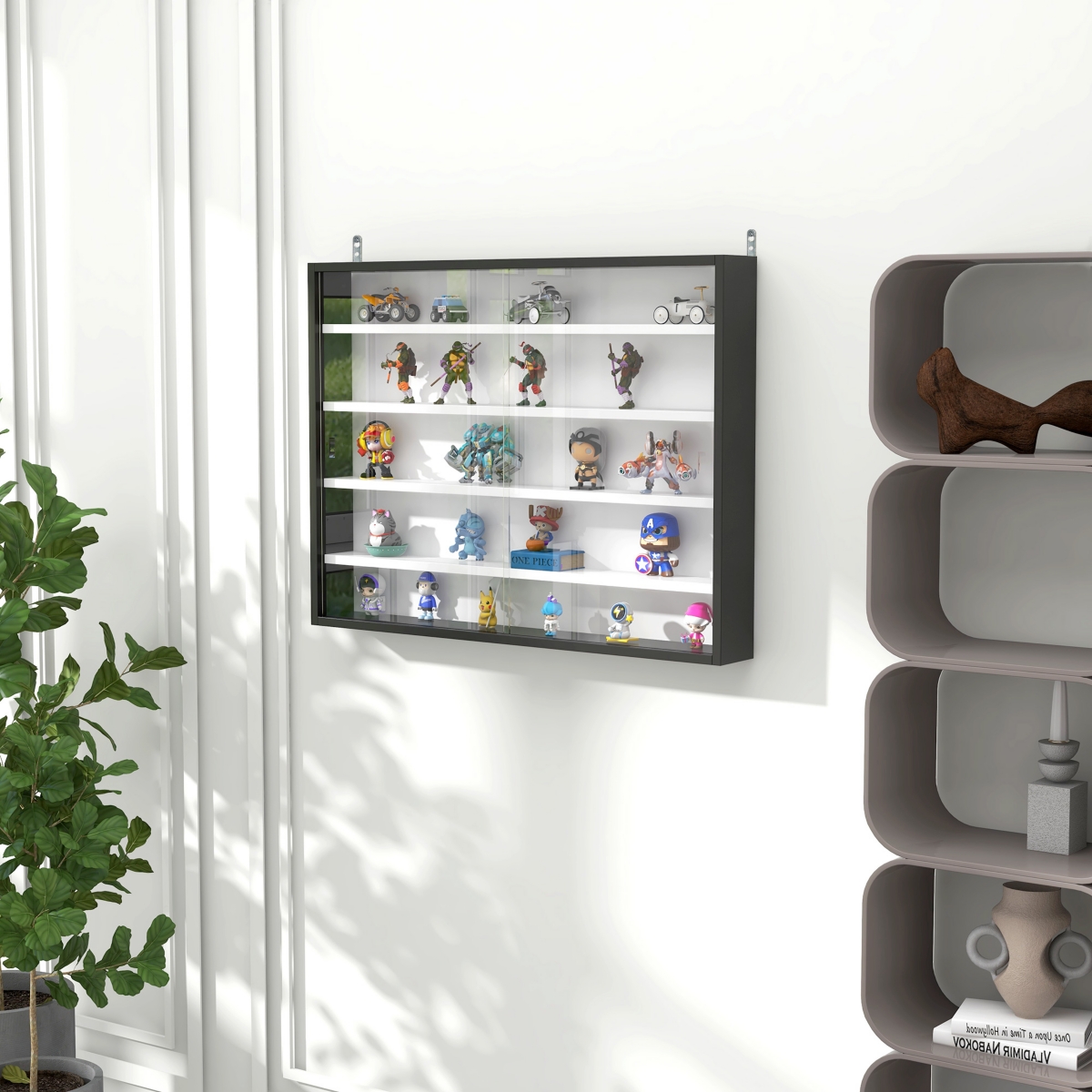 Homcom 5-Tier Display Cabinet, Glass Display Case with 2 Doors, Black White