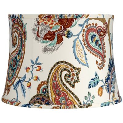 White with Paisley Print Medium Drum Lamp Shade 14" Top x 16" Bottom x 11.5" High (Spider) Replacement with Harp and Finial