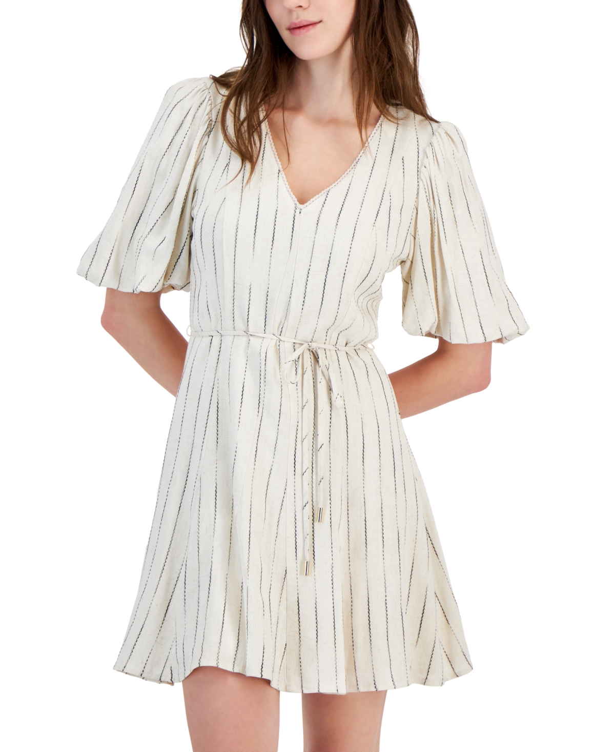 Shop Tinsel Juniors' V-neck Flutter-sleeve Striped Mini Dress In Ivory,black Stripe