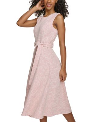 Women's Jewel-Neck Sleeveless Belted Tweed Midi Dress