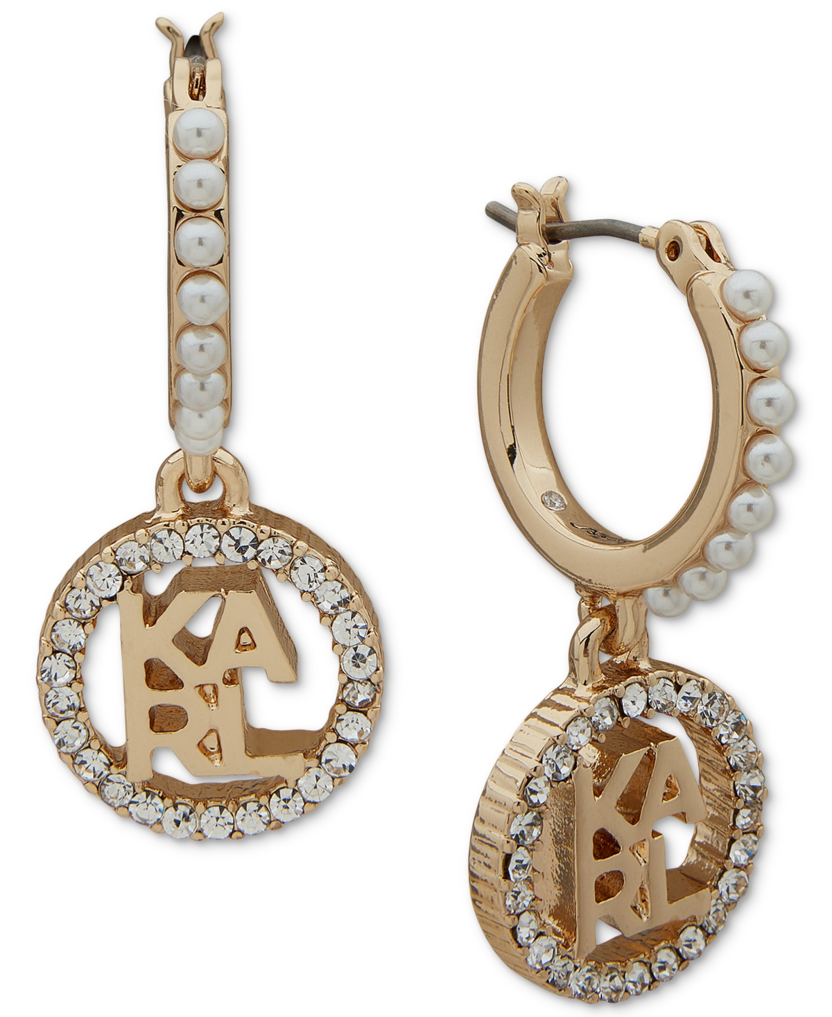 Shop Karl Lagerfeld Gold-tone Pave Logo Charm Imitation Pearl Hoop Earrings