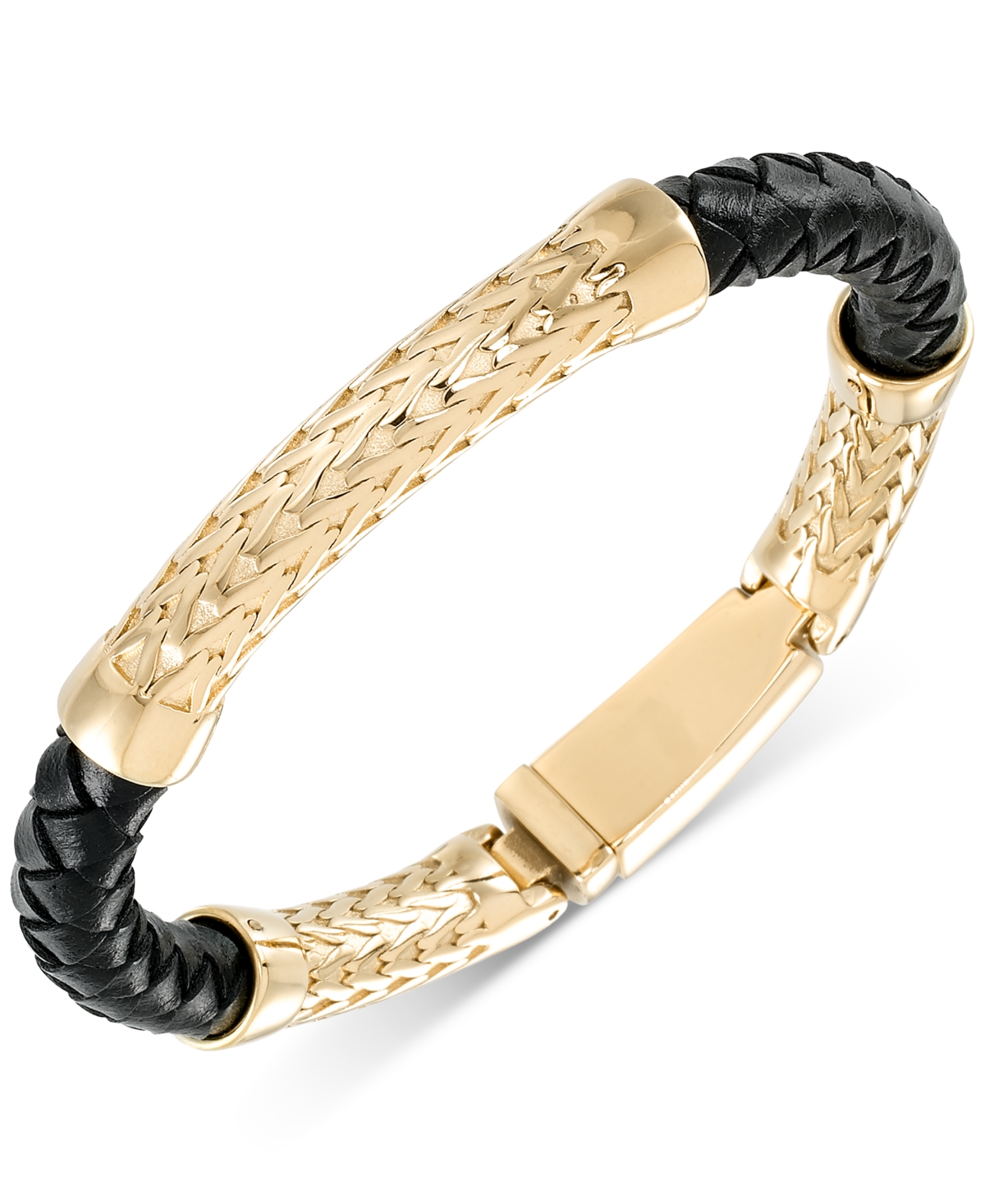 Shop Legacy For Men By Simone I. Smith Black Leather Bracelet In Stainless Steel In Gold-tone