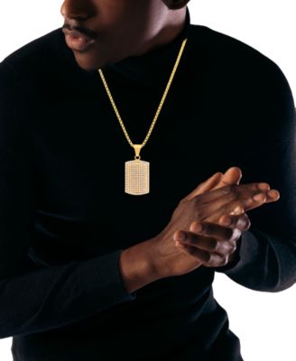 Men's Cubic Zirconia Dog Tag 24" Pendant Necklace in Gold-Tone Ion-Plated Stainless Steel