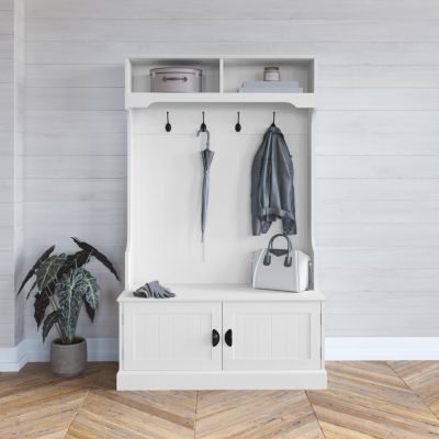 Hall Tree With Double Door Entryway Storage Bench, 4 Hook Coat Rack, Top Storage Cubbies