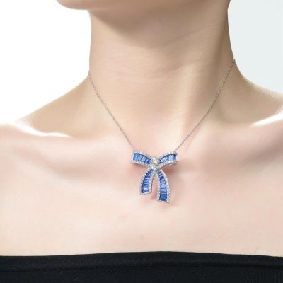 Sterling Silver with White Gold Plated and Cubic Zirconia Bowtie Pendant Necklace