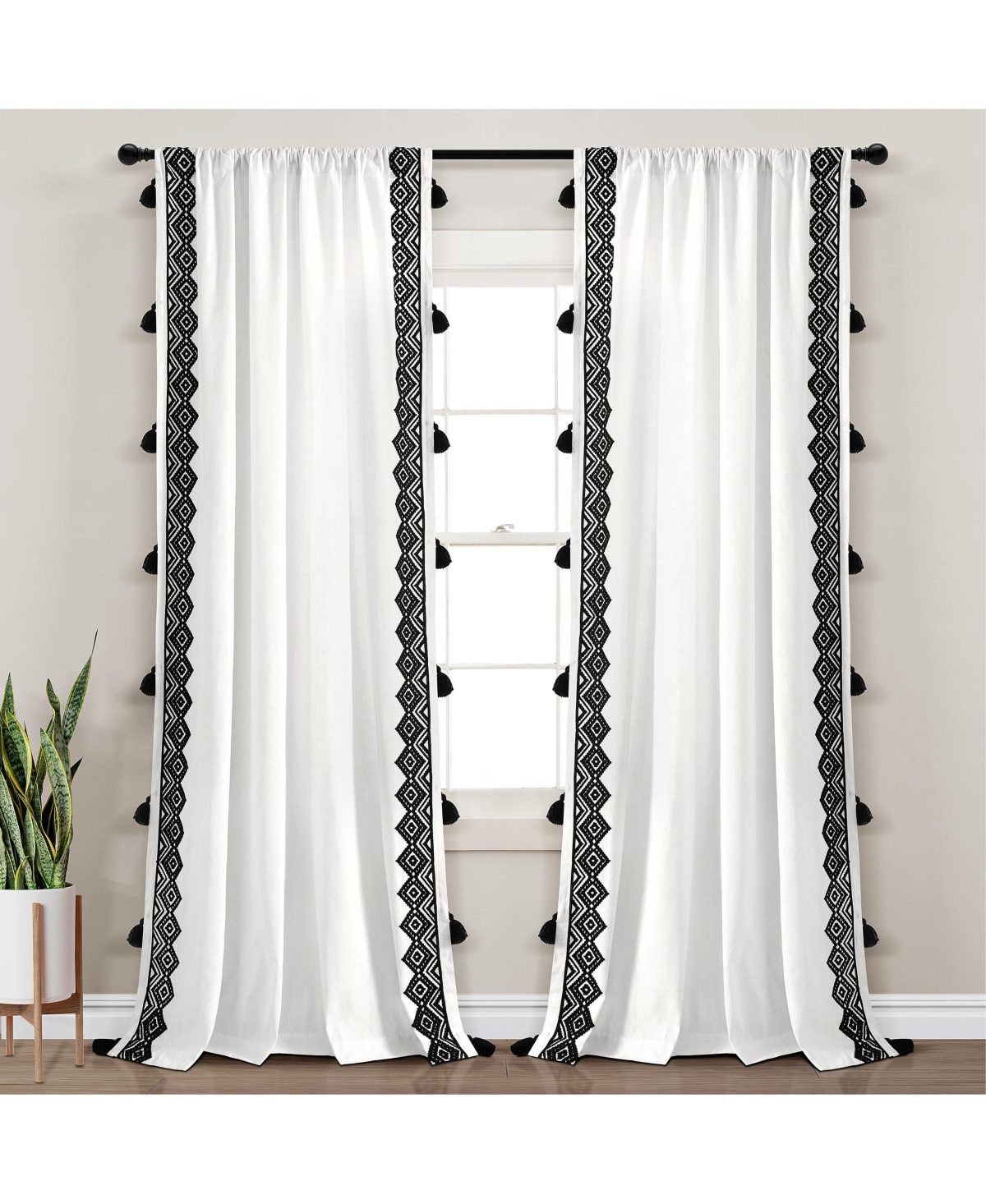 Aztec Diamond Border Tassel Window Curtain Panels Off White/Black Single 52X84 - Offwhite
