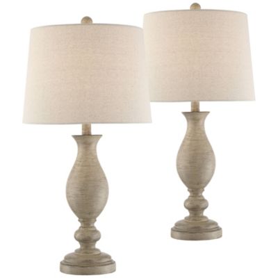 Serena Country Cottage Table Lamps 27 1/2" Tall Set of 2 Beige Gray Oatmeal Fabric Drum Shade for Bedroom Living Room Bedside Nightstand