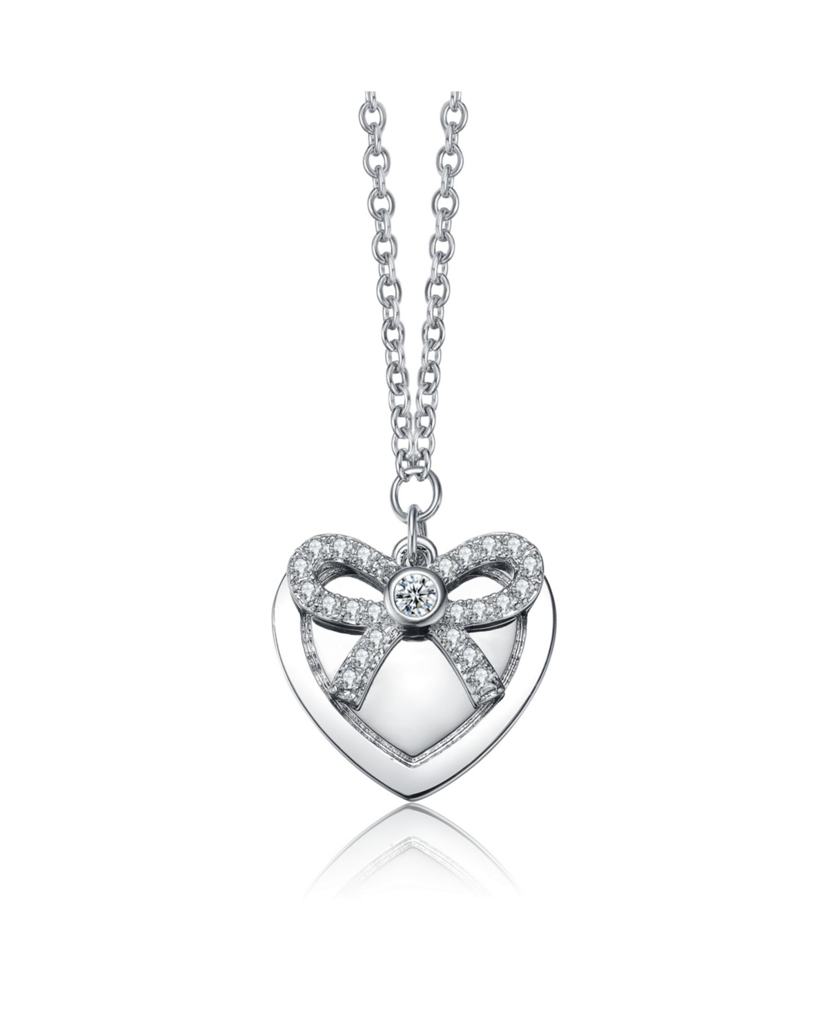 RACHEL GLAUBER CHIC WHITE GOLD PLATED TIE RIBBON ON HEART SHAPED PENDANT