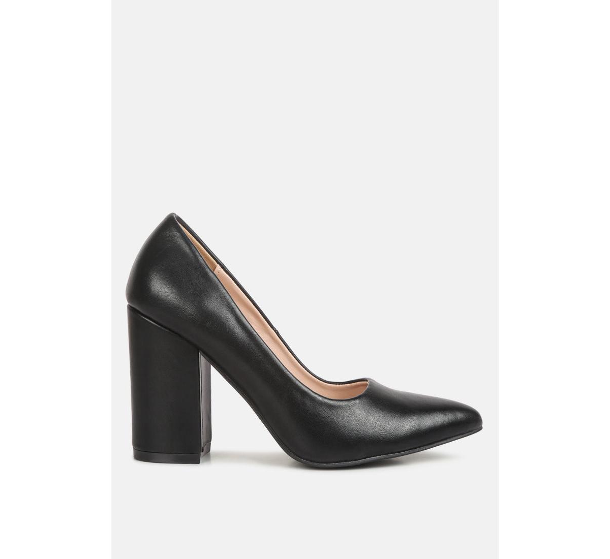 Zhuri Faux Leather Solid Block Heel Pumps - Black