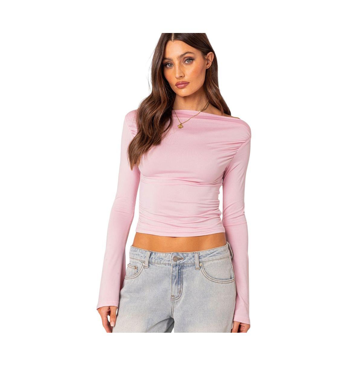 Edikted Dana Gathered Bell Sleeve Crop Top In Light-pink