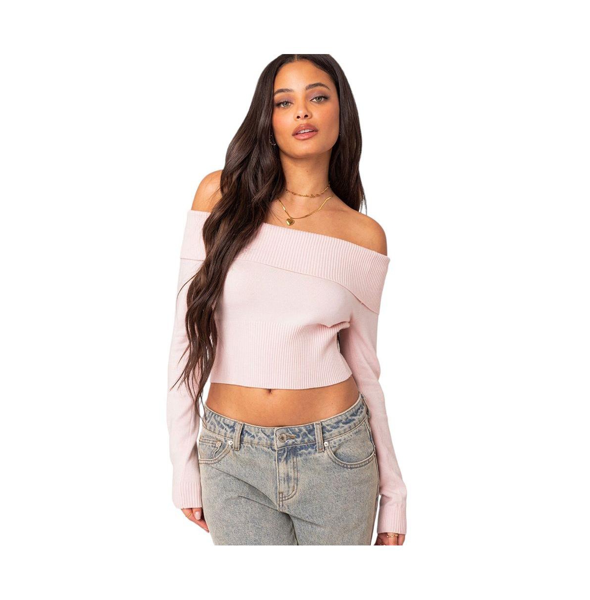 EDIKTED WOMEN'S MINNIE CROPPED FOLD OVER KNIT TOP